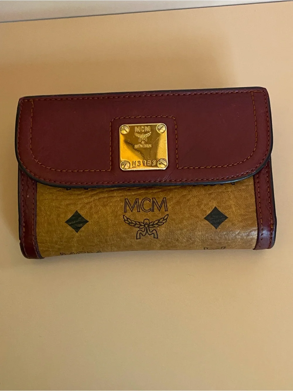 MCM Two-Tone Trifold Leather Continental Wallet in Burgundy and Cognac Brown